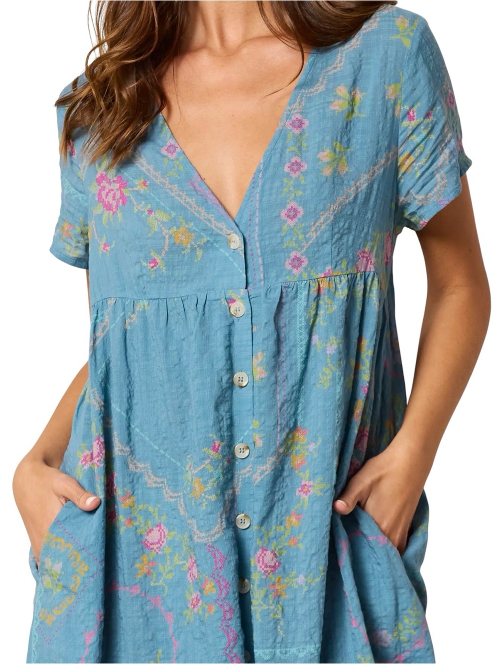 Natural Life Avery Midi Dress Heirloom Cross Stitch Blue NWT Small Pockets - Picture 3 of 12